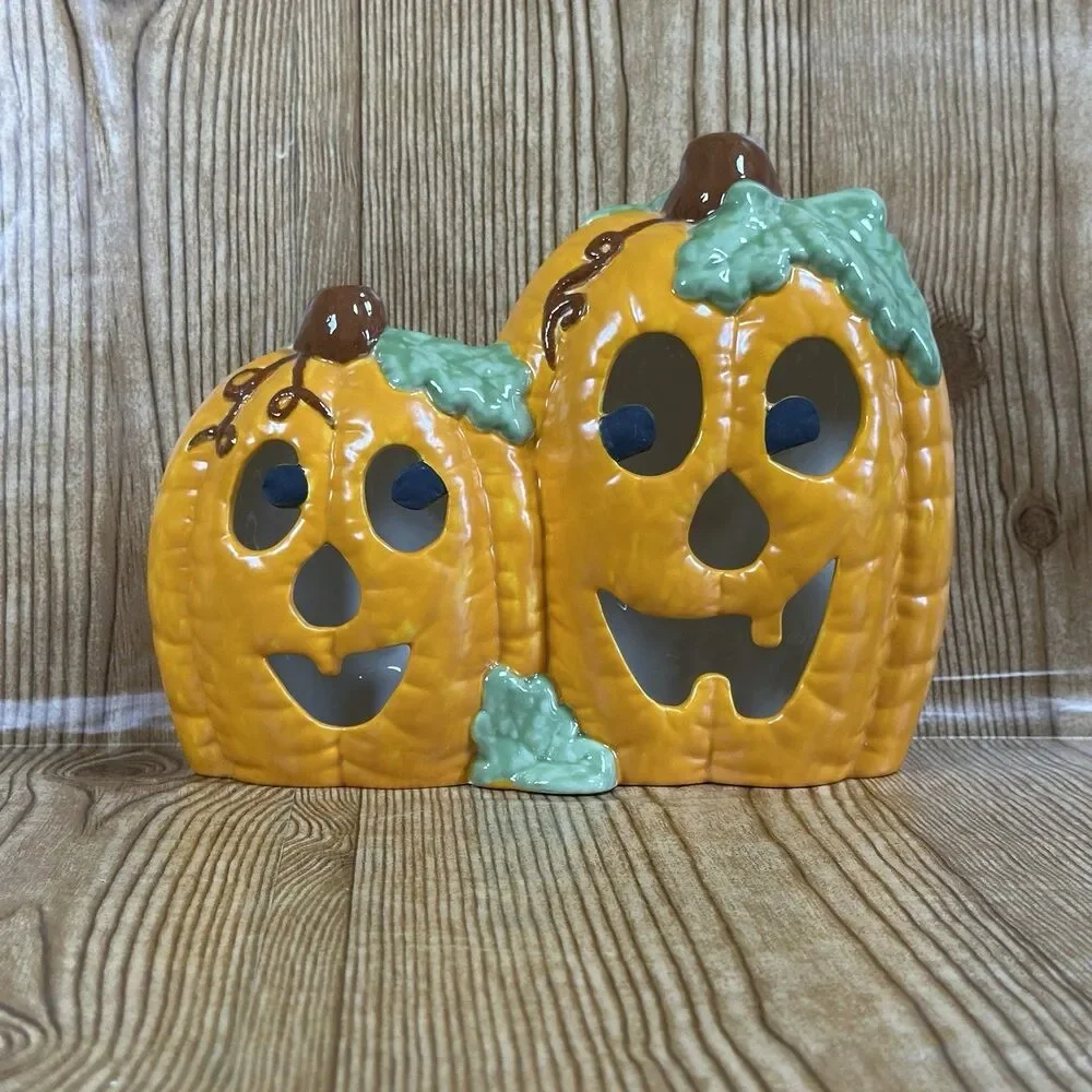 Vintage Ceramic Mold Halloween‎ Pumpkin Hand Painted Jack O Lantern 8”